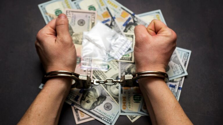 Man in handcuffs with money and drugs on dark background